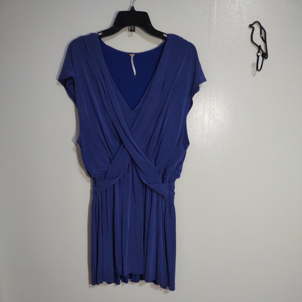 Free People Sz L Cobalt Blue Jersey Knit Front Wrap Dress Short V-Neck Raw Hem